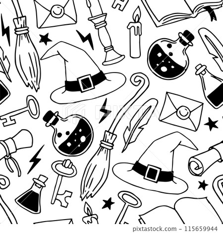 seamless pattern on the theme of magic, witchcraft. vintage black and white halloween print in hand drawing style seamless pattern on the theme of magic, witchcraft. vintage black and white halloween print in hand drawing style 115659944
