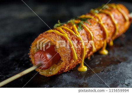 Gourmet corn dog with mustard swirl on a dark background 115659994
