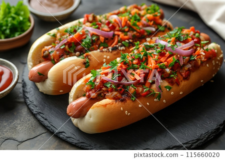 Delicious hotdogs topped with veggies, herbs, and sauces on a slate 115660020