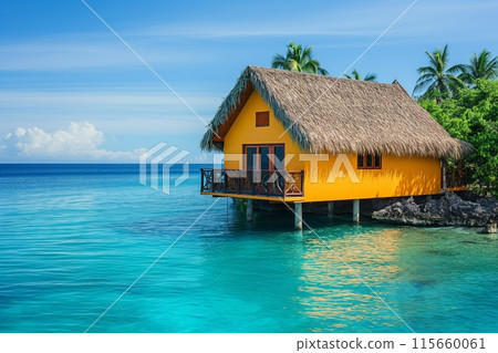 Sunny retreat with a rustic overwater cabin overlooking a calm blue sea 115660061