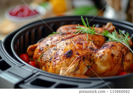 Whole roasted chicken with herbs, freshly made in an air fryer 115660082