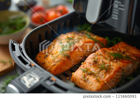 Tender salmon seasoned with herbs in an air fryer, quick and nutritious Tender salmon seasoned with herbs in an air fryer, quick and nutritious 115660091