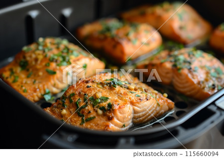 Tasty salmon seasoned with dill and parsley in an air fryer, ready in minutes Tasty salmon seasoned with dill and parsley in an air fryer, ready in minutes 115660094