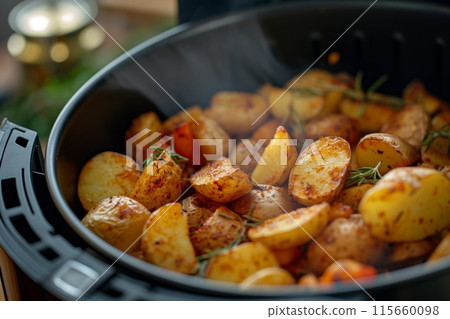 Freshly air fried potatoes, crispy and golden, ready to enjoy Freshly air fried potatoes, crispy and golden, ready to enjoy 115660098
