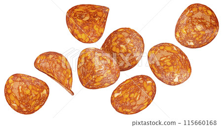 Spanish pork chorizo sausage, hot salami slices isolated on white background with clipping path Spanish pork chorizo sausage, hot salami slices isolated on white background with clipping path 115660168