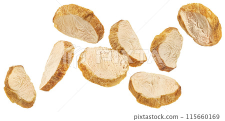 Smoked chicken breast slices isolated on white background with clipping path, full depth of field 115660169
