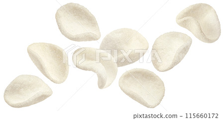 Shrimp chips isolated on white background with clipping path, full depth of field Shrimp chips isolated on white background with clipping path, full depth of field 115660172