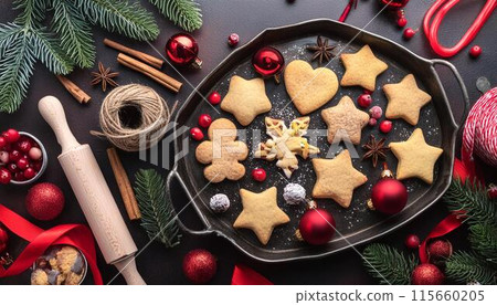 Christmas baking food background with homemade cookies 115660205