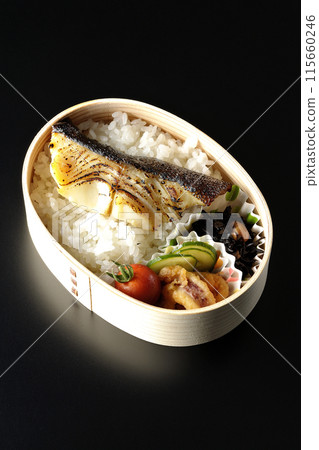 A bento box of grilled cod in saikyo-yaki style served in a bento box photographed against a black background 115660246