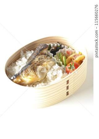 A bento box of grilled silver cod in saikyo style served in a bento box photographed on a white background 115660276