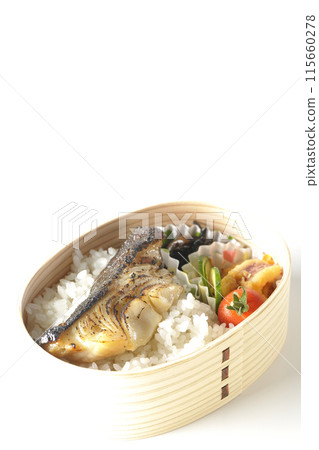 A bento box of grilled silver cod in saikyo style served in a bento box photographed on a white background 115660278