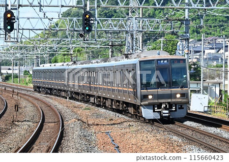 A commuter train arriving at Shimamoto Station on the quadruple-track Tokaido Main Line 115660423