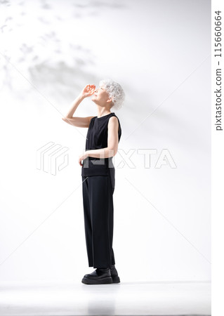 Gray-haired woman, sideways, vertical, whole body Gray-haired woman, sideways, vertical, whole body 115660664