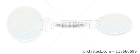 Plate. Set isolated white porcelain plates vector mockup in a realistic style on transparent background dining set of round dishes in different angles. Vector 115660699