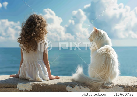 一隻白貓依偎著一個女孩看海的後視圖 一隻白貓依偎著一個女孩看海的後視圖 115660752