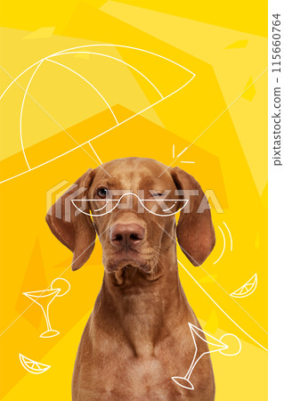 Contemporary artwork. Vector illustration. Dog wearing sunglasses and standing under beach umbrella. Vibrant color scheme. Contemporary artwork. Vector illustration. Dog wearing sunglasses and standing under beach umbrella. Vibrant color scheme. 115660764
