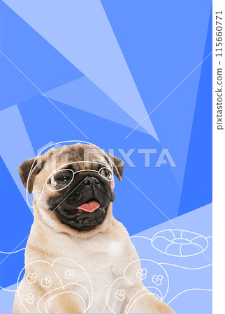 Contemporary artwork. Vector illustration. Close-up photo of pug dog swimming in pool in sunglasses and life preserver. Vibrant color scheme. Contemporary artwork. Vector illustration. Close-up photo of pug dog swimming in pool in sunglasses and life preserver. Vibrant color scheme. 115660771