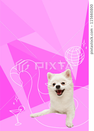 Contemporary artwork. Vector illustration. Little Spitz swimming in drawn flamingo float in swimming pool. Vibrant color scheme. Contemporary artwork. Vector illustration. Little Spitz swimming in drawn flamingo float in swimming pool. Vibrant color scheme. 115660800