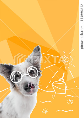 Contemporary artwork. Vector illustration. Little marbled shepherd sunbathing in drawn sunglasses sunbathing on beach. Vibrant color scheme. 115660812