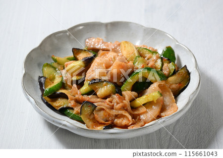 Stir-fried eggplant, cucumber, and pork with spicy miso Stir-fried eggplant, cucumber, and pork with spicy miso 115661043
