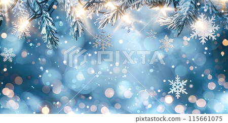 Snowflakes and lights on a wintery background. Perfect for festive designs. Snowflakes and lights on a wintery background. Perfect for festive designs. 115661075