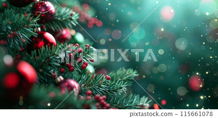 Christmas background with red and green decorations. Ideal for festive projects. 115661078
