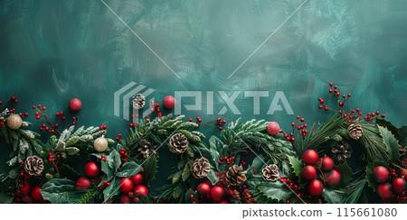 Christmas background with red and green decorations. Ideal for festive projects. Christmas background with red and green decorations. Ideal for festive projects. 115661080