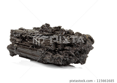 Macro stone black mineral tourmaline Scherl on white background 115661685