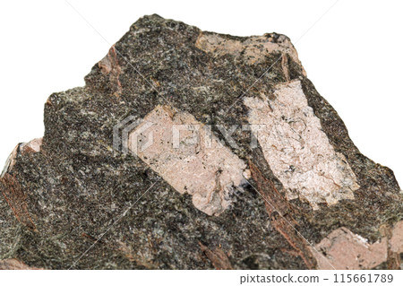 Macro stone mineral Diopside Calcite Magnetite on a white background Macro stone mineral Diopside Calcite Magnetite on a white background 115661789