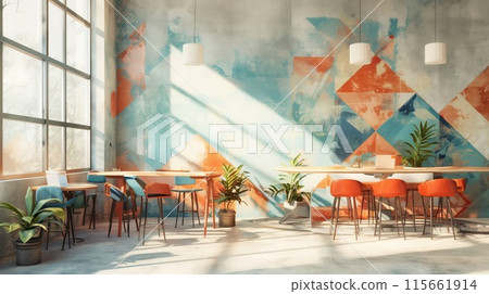 Sunlit office lounge with large windows, a geometric mural, and a mix of orange and teal furniture. The design is modern and colorful, creating an inviting and vibrant workspace. 115661914