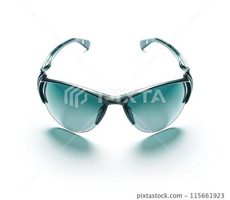 Futuristic sunglasses with a sleek design and teal-tinted lenses, isolated on a light background. 115661923