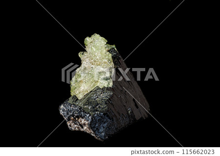 Macro stone Hyalite mineral, tourmaline Sherl, smoky quartz on a black background Macro stone Hyalite mineral, tourmaline Sherl, smoky quartz on a black background 115662023