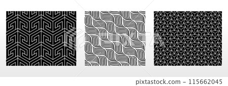 Geometric set of seamless black and white patterns. Simple vector graphics. Geometric set of seamless black and white patterns. Simple vector graphics. 115662045