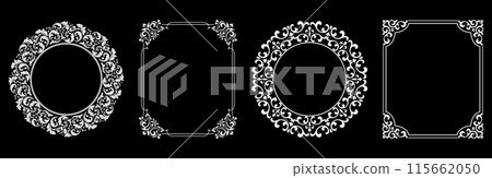 Set of decorative frames Elegant vector element for design in Eastern style, place for text. Floral black and white borders. Lace illustration for invitations and greeting cards. Set of decorative frames Elegant vector element for design in Eastern style, place for text. Floral black and white borders. Lace illustration for invitations and greeting cards. 115662050