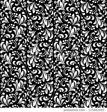 Wallpaper in the style of Baroque. Seamless vector background. White and black floral ornament. Graphic pattern for fabric, wallpaper, packaging. Ornate Damask flower ornament. 115662085