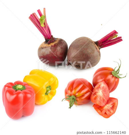 Beetroot, tomatoes and sweet pepper isolated on white . Collage. Beetroot, tomatoes and sweet pepper isolated on white . Collage. 115662140
