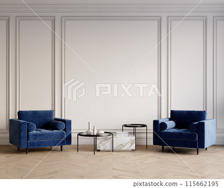 Classic white interior with armchairs, coffee tables, moldings and decor. 3d render illustration mockup. 115662195