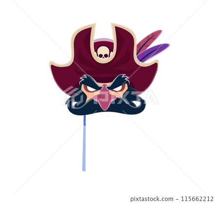Pirate carnival and photo booth mask. Isolated cartoon vector scowling corsair with beard, captain hat, complete with menacing skull and purple feathers. Disguise for costume parties or thematic event 115662212