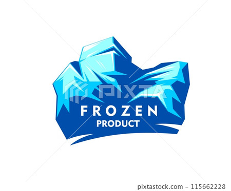 Frozen product icon of ice rock for fresh food package label, vector blue symbol. Frozen food and fresh refrigerated meat, fish or seafood package stamp and keep cold sign with Arctic ice rock 115662228