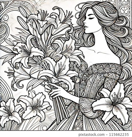Coloring book of lilies and women - Stock Illustration [115662235] - PIXTA