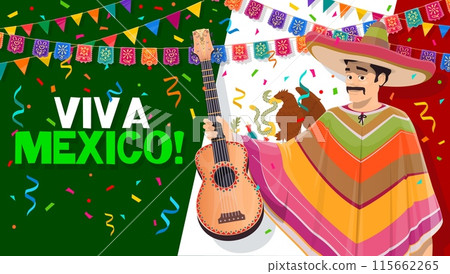 Mexican Independence Day banner. Viva Mexico and mexican musician with guitar, flag and papel picado garland vector poster. Cartoon mariachi character in sombrero and poncho with paper cut flags 115662265