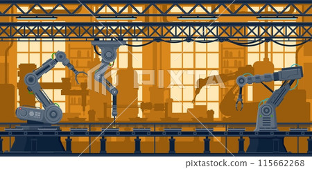 Factory conveyor line with computer robots in technology industry, vector background. Production machine with robotic arms on factory conveyor belt, machinery assembly process of automated manufacture 115662268