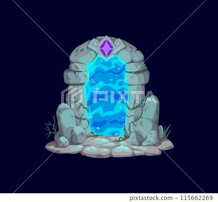 Fantasy fairytale game magic portal door, framed by ancient stone structures and adorned with a glowing purple gem. Cartoon vector portal gate emits blue radiant glow or magical light with sparkles Fantasy fairytale game magic portal door, framed by ancient stone structures and adorned with a glowing purple gem. Cartoon vector portal gate emits blue radiant glow or magical light with sparkles 115662269