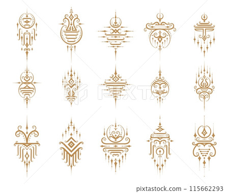 Sacred oriental thai symbols, vector traditional golden motifs. Religious and cultural decorations, reflecting Thailand rich artistic heritage, spiritual depth and representing path to enlightenment Sacred oriental thai symbols, vector traditional golden motifs. Religious and cultural decorations, reflecting Thailand rich artistic heritage, spiritual depth and representing path to enlightenment 115662293