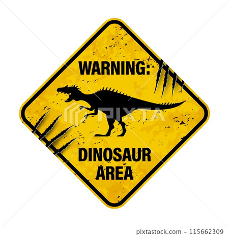 Dinosaur warning sign with claw mark scratch. Vector grungy yellow and black rhombus shaped banner with roaring Spinosaurus silhouette. Distressed cautionary message, alert signboard for dino park Dinosaur warning sign with claw mark scratch. Vector grungy yellow and black rhombus shaped banner with roaring Spinosaurus silhouette. Distressed cautionary message, alert signboard for dino park 115662309