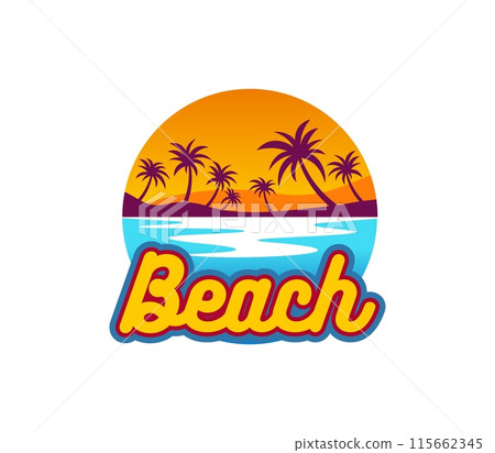 Summer tropical sunrise, palm trees and island beach icon with blue sea waves and tranquil exotic landscape. Isolated vector emblem embodying essence of paradise, travel, tourism, vacation and resort 115662345