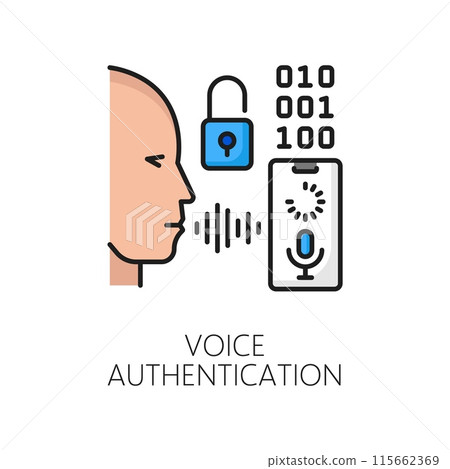 Voice authentication, biometric identification, or verification icon. Vector color linear sign symbolizes secure access through recognition of unique vocal patterns, advanced Innovative technology 115662369