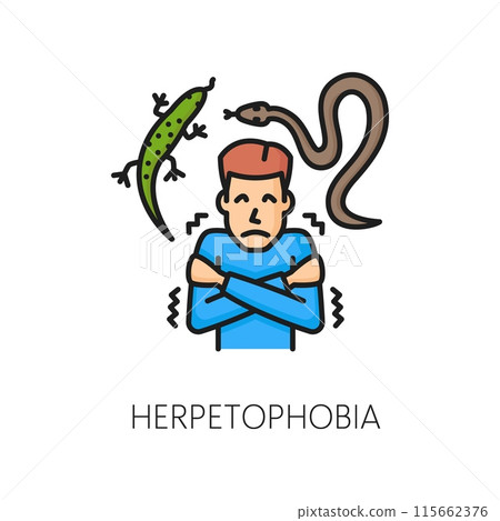 Human mental anxiety, psychology problem, herpetophobia phobia health thin line color icon. People psychology, reptiles phobia fear mental problem line vector sign with man scared of lizard and snake 115662376