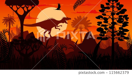 Prehistoric Spinosaurus dinosaur sunset silhouette. Vector dusk scene of roaring predatory reptile shadow at ancient, Jurassic era landscape. Majestic creature in evening jungle rainforest environment 115662379
