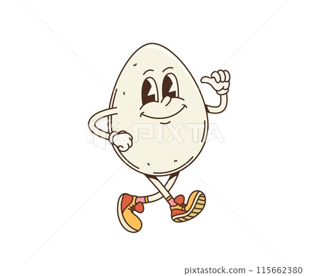Retro cartoon groovy breakfast fried egg character. Isolated vector smiling egg with expressive eyes, wearing sneakers and showing a thumbs-up. Cheerful food personage embodies playful breakfast vibes 115662380